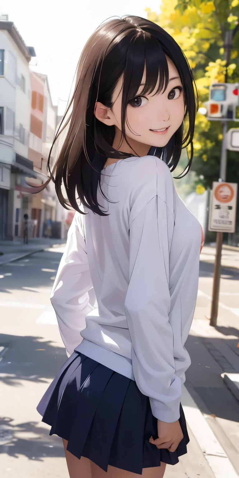 Highest quality、Best image quality、masterpiece、、Skin luster、Backward view、Side view、Hip emphasis、A dynamic close-up of a slightly large chest from below、Slightly thicker emphasis on the thighs、Purple T-shirt and denim shorts、barefoot、Face Real、smile、Autumn leaves、Various sexy poses