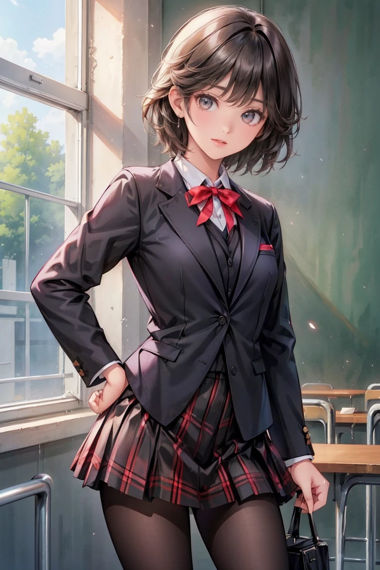 1girl, {{{5 head tall}}}, {{hdr}}, {{{masterpiece}}}, 4k, beautiful anime teen, {high resolution illustration}, {finely detailed beautiful eyes and detailed face}, (very detailed CG Unity 8k wallpaper), best quality, cinematic lighting, (photorealistic), Detailed, Ultra-Detailed, Digital Art, beautiful face, (bloom), detailed background, The girl has black short hair, ((brown eyes)), {{{formal school uniform; (red neck ribbon), (red plaid skirt), (black blazer), (see-through black pantyhose)}}}, gaming room, smile, open mouth, playing game,