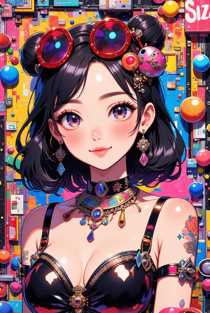 1girl, kawaii anime, pop art, graffiti, fancy style, cute object textures background, look at me, portrait, glittering fashion