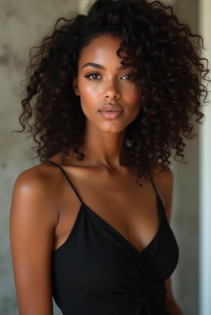 women, 33 years, 1.50 tall, light brown skin, long curly hair below the shoulders in black, small face, small almond-shaped eyes, dark brown, small nose and round tip, small and thin lips, medium complexion, big breasts, rocker style clothing, pronounced cheekbones