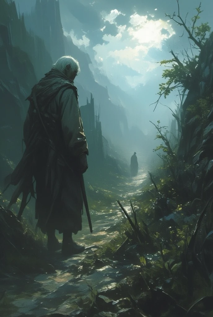 An old, tired, emaciated, wrinkled man is looking back at viewer. he walks down the ragged, steep path toward the back of the path. the far end of the path white-outed and lonely light fleetingly shining. His lonely journey comes to an end.REALISTIC
