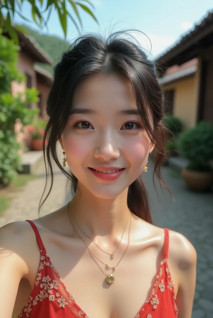 (masterpiece, Highest quality:1.1), (8k, RAW Photos, Photorealistic:1.2, f22), (Glowing Skin), Detailed skin, Detailed face, smilee,fine grain,Long Hair, break, Real World, (Very detailed, Cleavage), Intricate details, smile, One Girl, (shirt)、 (Overseas tourist attractions:1.4) 、((Side angle))