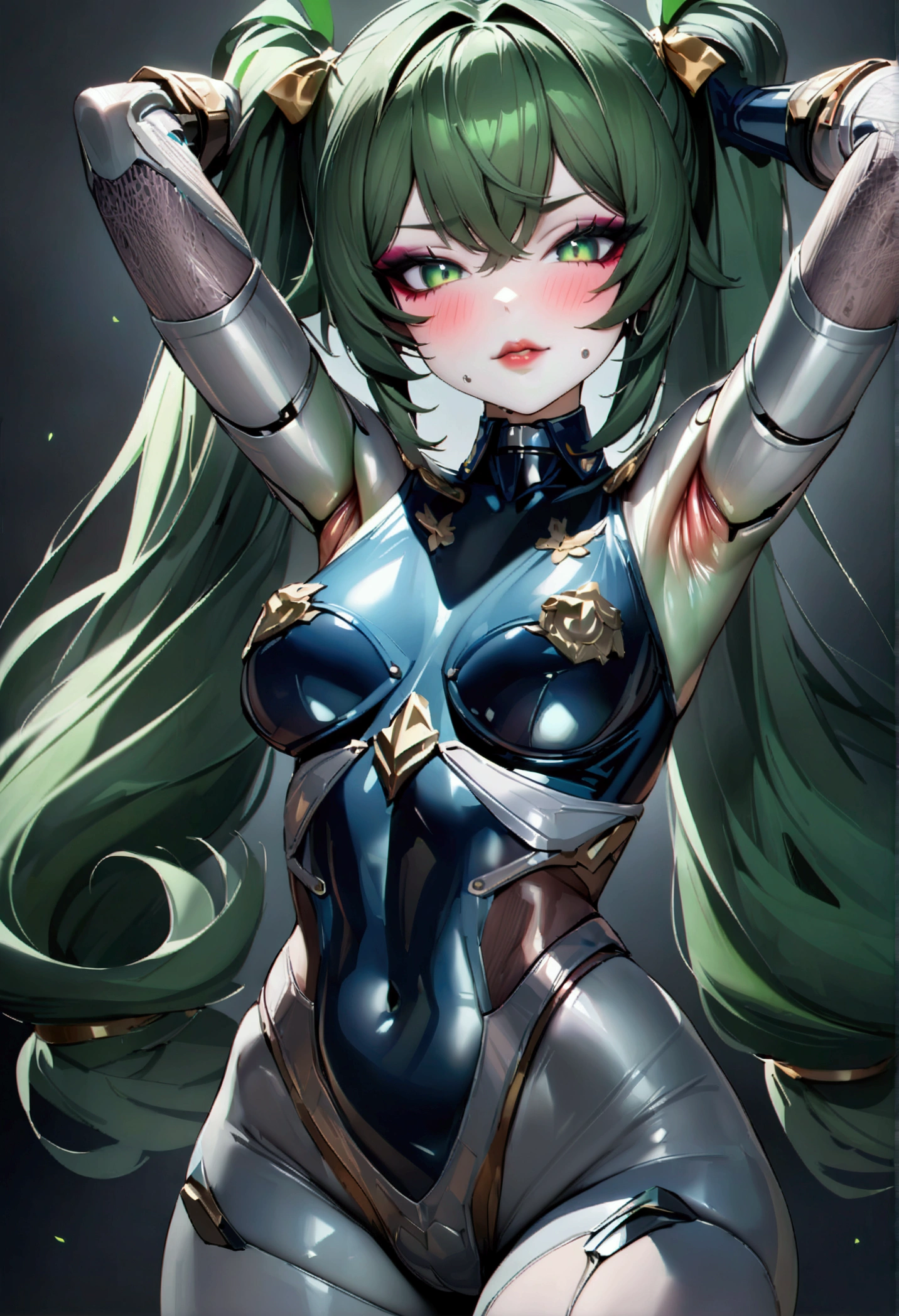 Qingyi, Night view, police uniform, Beauty, Beautiful eyes, blush, uhd, retina, masterpiece, ccurate, anatomically correct, textured skin, super detail, high details, high quality, best quality, highres, knee high boots, gloss lips, lipstick, 4K, eyeshadow, eyeliner, blush, long hair, lipstick, green hair, long eyelashes, pigtails, evil grin, armpits, android body, metallic skin