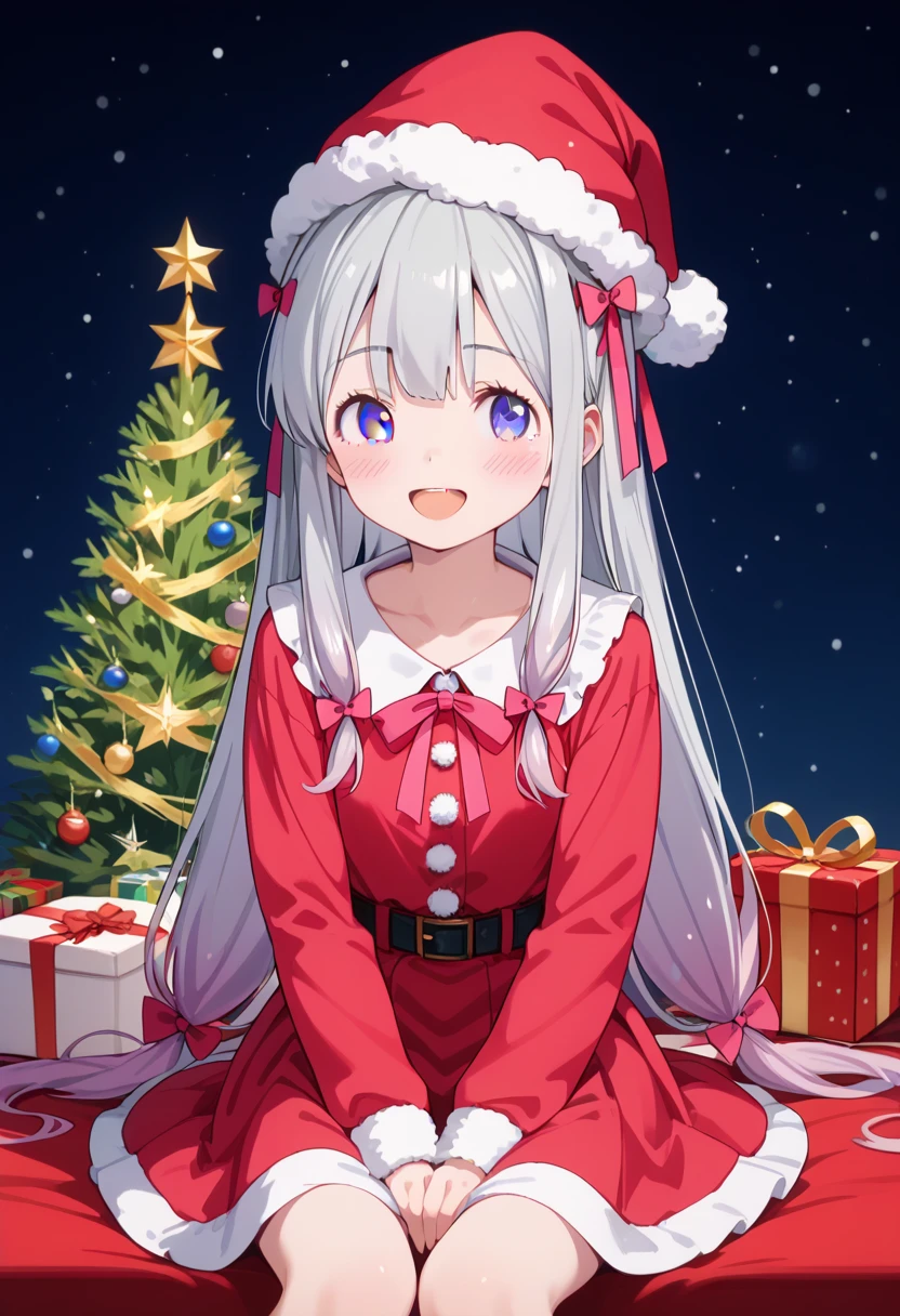 pov, best quality, high resolution, 8k, solo, blush:1.5, small breasts, (Sagiri Izumi, long hair, blue eyes, ribbon, hair ribbon, gray hair, pink ribbon, ribbon), smile, christmas dress, christmas hat, mini skirt, christmas background, christmas dinner,  christmas prsent, sitting, christmas night, christmas big tree, open mouth