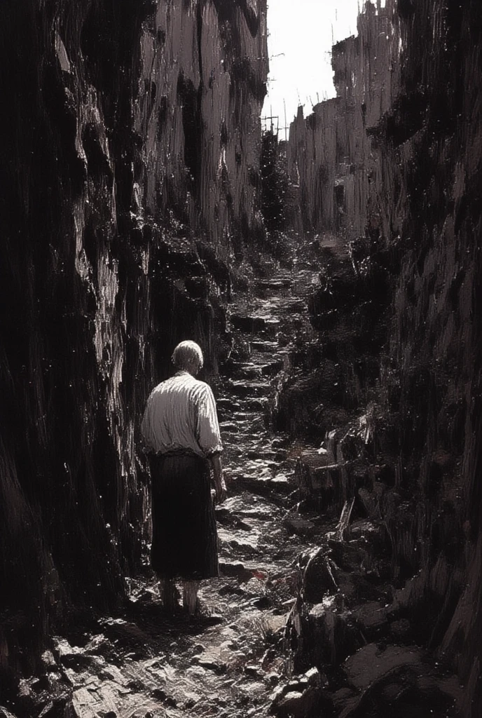 An old, tired, emaciated, wrinkled man is looking back to us. he walks down the ragged, steep path toward the back of the path. the far end of the path white-outed and lonely light fleetingly shining. His lonely journey comes to an end.REALISTIC