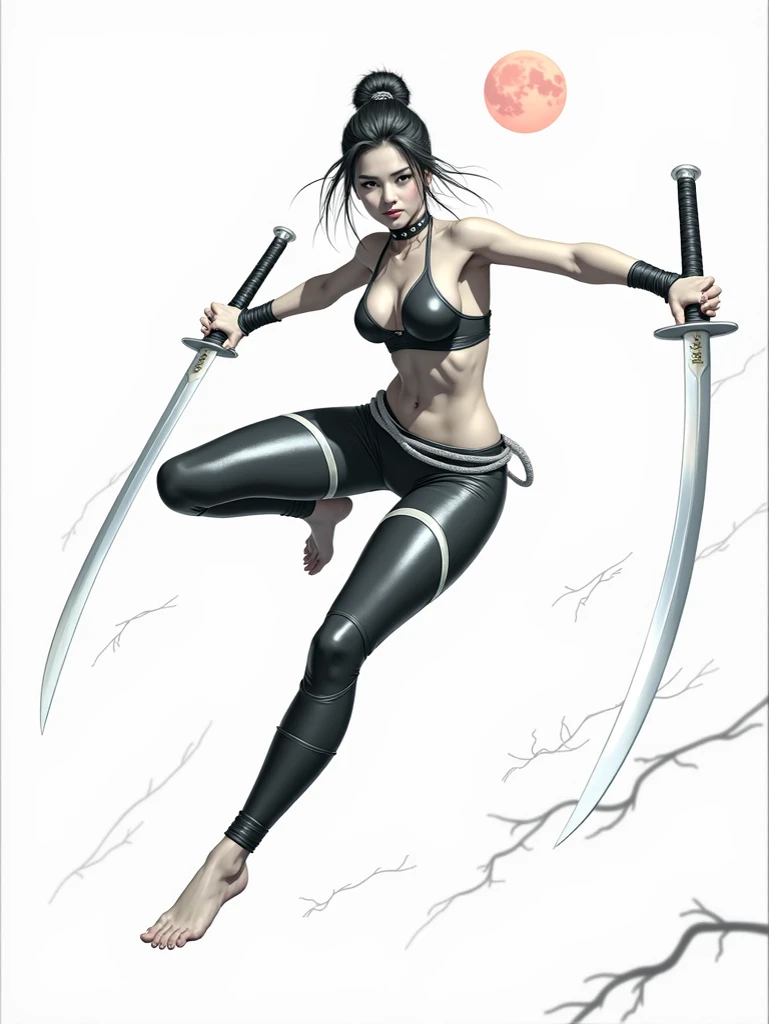 a SAMURAI , pretty face, serious face, short hair, green eyes, perfect body, fit body, abdomen, big breasts, muscular, small black thong, fishnets stockings, small bikini