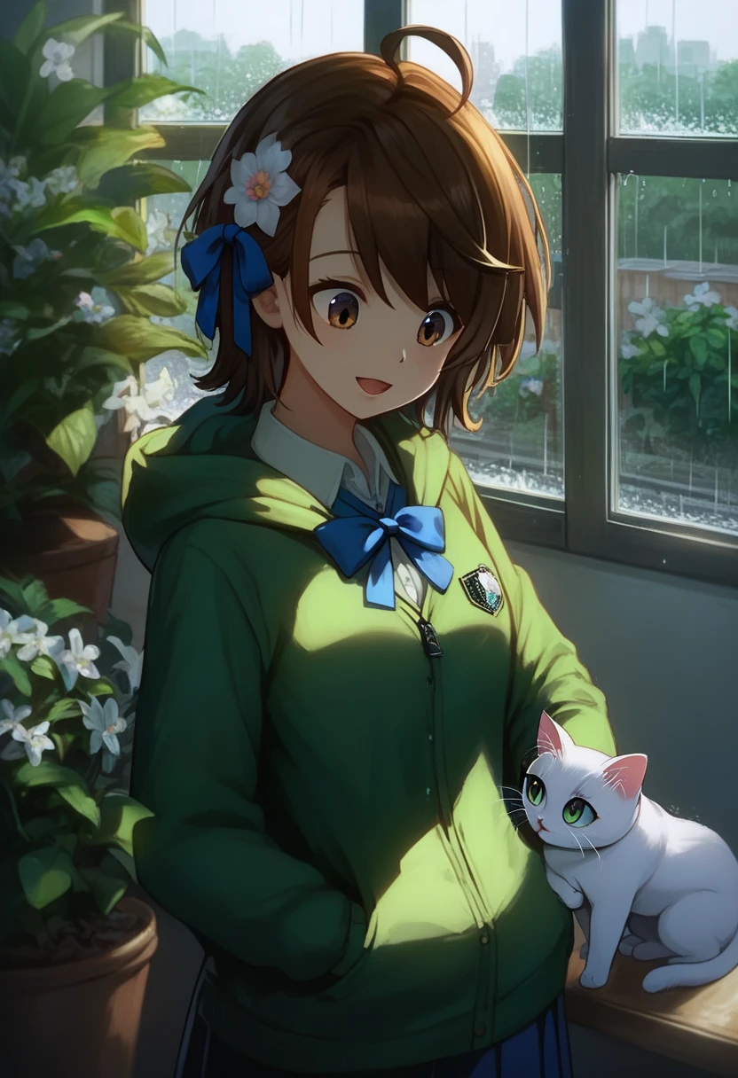 score_9, score_8_up, score_7_up, score_6_up, score_5_up, score_4_up, 1girl, teen, ((Artist: Makoto Shinkai)), dynamic angle, smile, closed mouth, hair flower, black hair, hair ornament, ahoge, flower, hoodie, green hoodie, ribbon, medium hair, long sleeves, brown eyes, pocket, pocket, looking down, bangs, school uniform, upper body, collared shirt, white flower, blue ribbon, bow, open mouth, hair ribbon, skirt, blue skirt, pleated skirt, day, rainy, Indoors, plant's pot, window background, animal, cat, ((white cat)), cute cat, hands on pocket, standing, low lighting, aidxlv05_neg