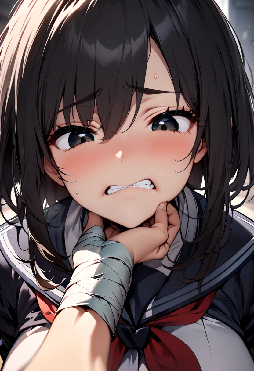 (  Masterpiece  ,   top quality:1.2), 1 girl, Alone,  expressive eyes,  squirm on the floor and look above, ((( looking at the camera))),  Female College Student,  Short Black Hair , ((( perfect face girl who wraps a neckerchief directly around her neck))), Big tits uniform, Troubled face, (Looking down), (((face shot))), (POV hand), (((POV grab your chin )))