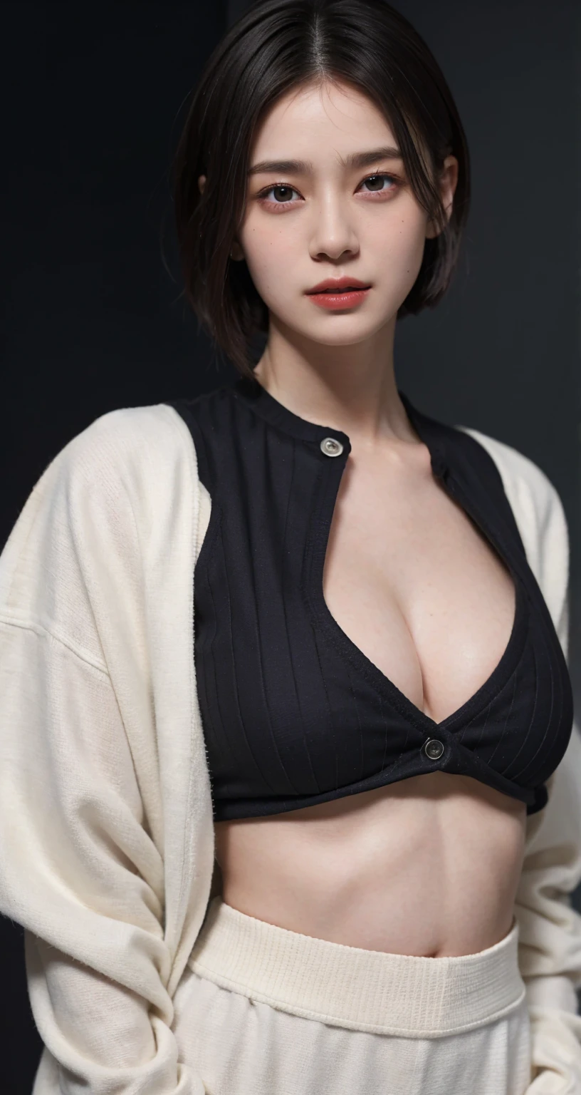 solo, (( Look Here )),  high definition , masterpiece,  anatomically correct, accurate,  top quality,  Ultra High Definition,  textured skin,  8k octane, Artistic, Cinematography, woman、(( center split black belly shorthair)),  sweater 、 simple background ,  Big Breasts , face close-up、