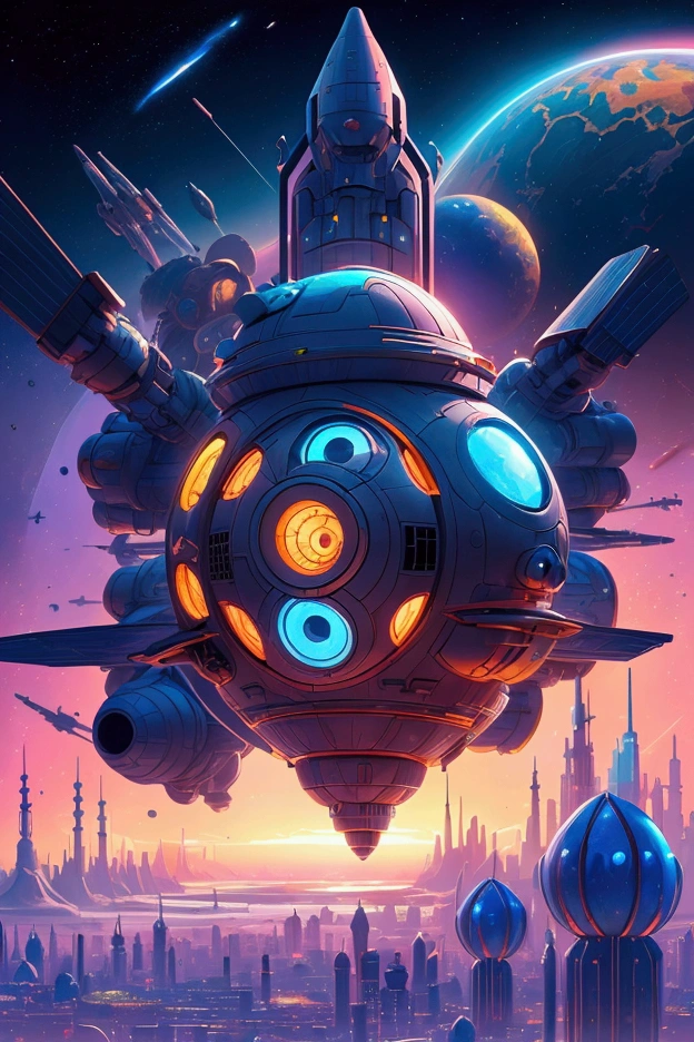 cartoon illustration of a city with a satellite and a satellite, background artwork, colorful concept art, background art, jen bartel, russian orbit city cityscape, metaverse concept art, retrofuturistic digital painting, space port city, a digital dreamscape, sky town, stylized digital illustration, in style of beeple, colorful city, stylized concept art