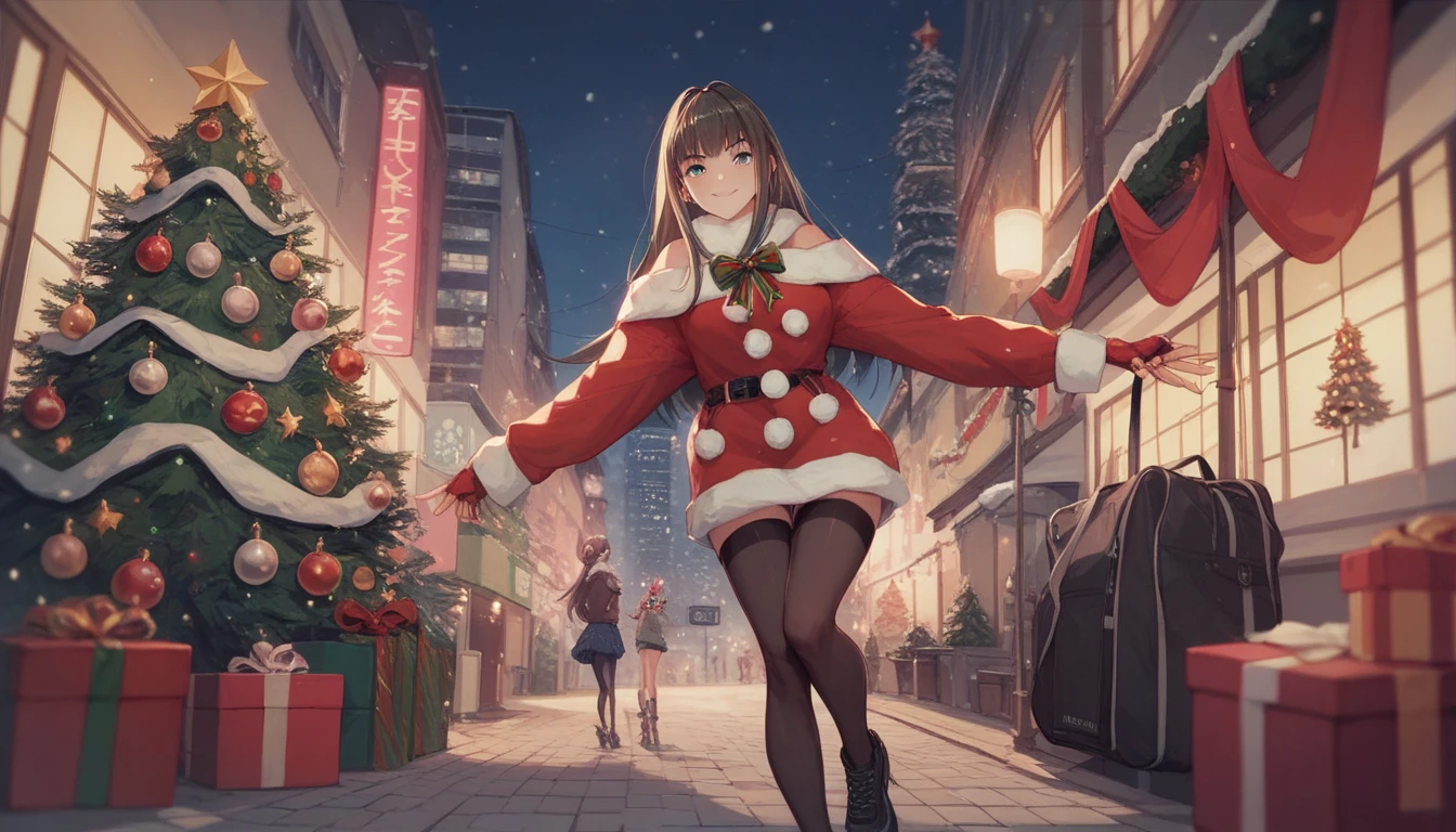masterpiece, best quality, absurdres, incredibly detailed, official artwork,night,
BREAK
onodera kosaki, <lora:ä»°æè§è§V1.2:.4>1girl,from below,full body,Fisheye lens,flying, <lora:SANTADRESS:.4> sntdrs, red santa dress, , fur, belt,thigh boots, naughty face,