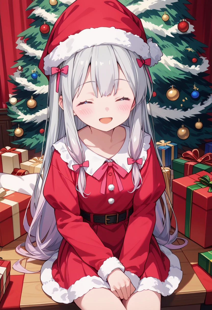 pov, best quality, high resolution, 8k, solo, blush:1.5, small breasts, (Sagiri Izumi, long hair, closed eyes, smile eyes, ribbon, hair ribbon, gray hair, pink ribbon, ribbon), smile, christmas dress, christmas hat, mini skirt, christmas background, christmas dinner,  christmas prsent, sitting, christmas night, christmas big tree, open mouth, holding present