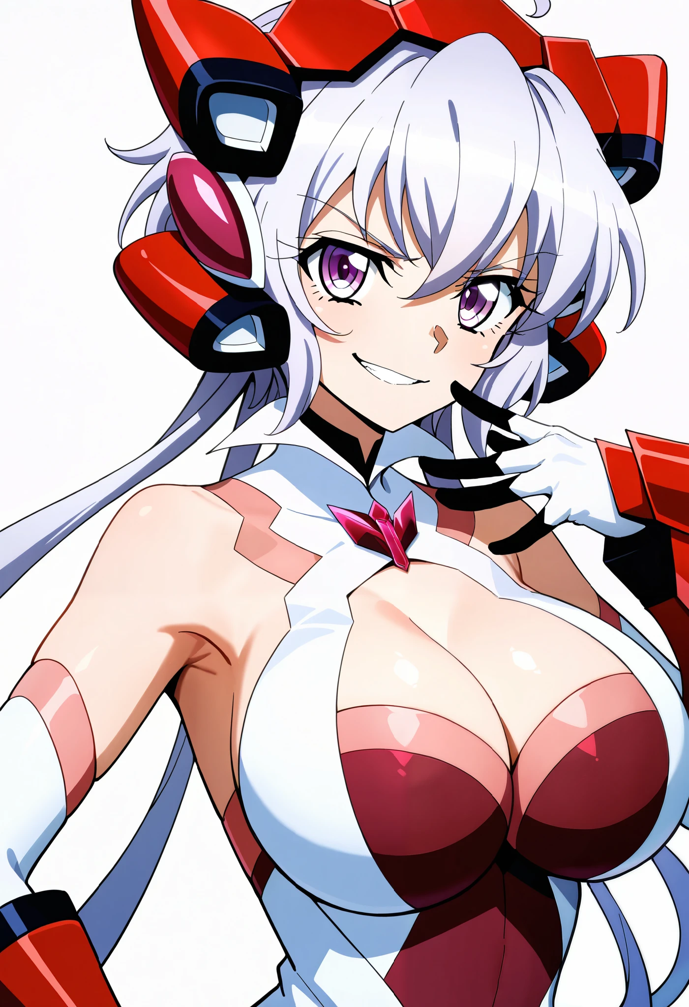 1girl, yukine chris, senki zesshou symphogear, sensitive, upper body, large breasts, cleavage, hand up, smirk, masterpiece, best quality, very aesthetic, absurdres