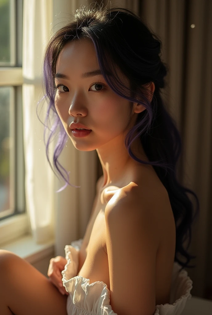 A delicately shot masterpiece of a tanned Asian woman with hyper-realistic black and purple hair. (Profile close-up portrait from waist up: 1.4), ((Woman photographed from the side: 1.4)), Solo, 25 years old, petite, skinny, toned abs, slim waist, ((Wearing a simple, no-frills black bra: 1.4)), ((Twisting the body to smile at the camera: 1.4)), ((Large D-cup breasts: 1.4)), (Cleavage: 1.4), (Saggy breasts: 1.4), ((Tanned face, tanned skin: 1.4), (Sensual, bold pose highlighting feminine curves: 1.4), (Detailed skin depiction), (Detailed tanned skin depiction 1.4), A memorable photo of a woman's summer vacation in Oslo ((Dirty bedroom in an old hotel 1.4)) with the gentle morning sun shining in through the window and illuminating the woman, and the floating dust sparkling with the Tyndall effect.