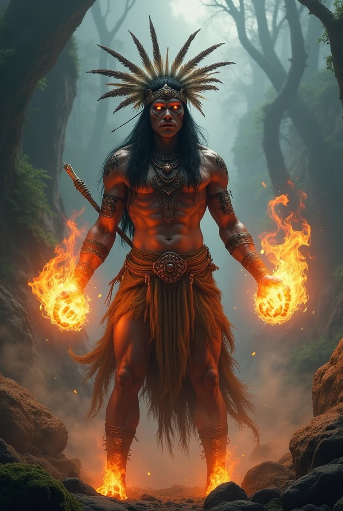 Imagine an indigenous warrior with fighting fans in the avatar state, dominating the 4 elements of nature.