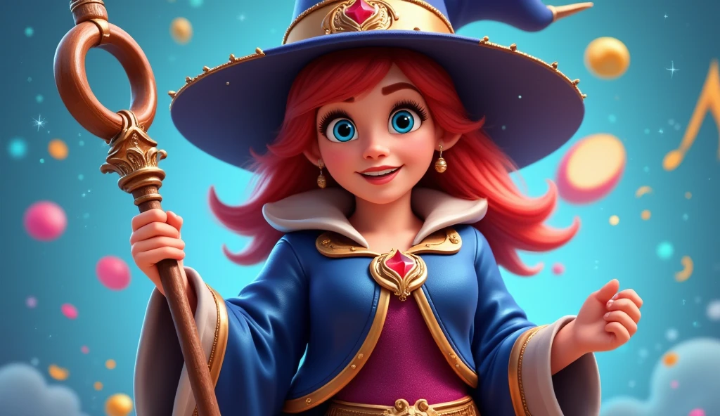 Cartoon cute , musical note, tunic, magical staff, red hair, big hat, epic pose, light smile, bright pupils, particles around, splash art, pants, DisneyStudio, u can se her hips, magic around background, 