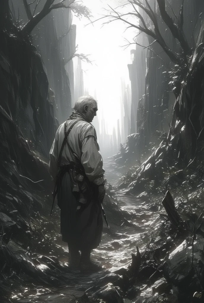 An old, tired, emaciated, wrinkled man. look back and show face. walks down the ragged, steep path toward the back of the path. the far end of the path white-outed and lonely light fleetingly certainly shining. His lonely journey ends there.