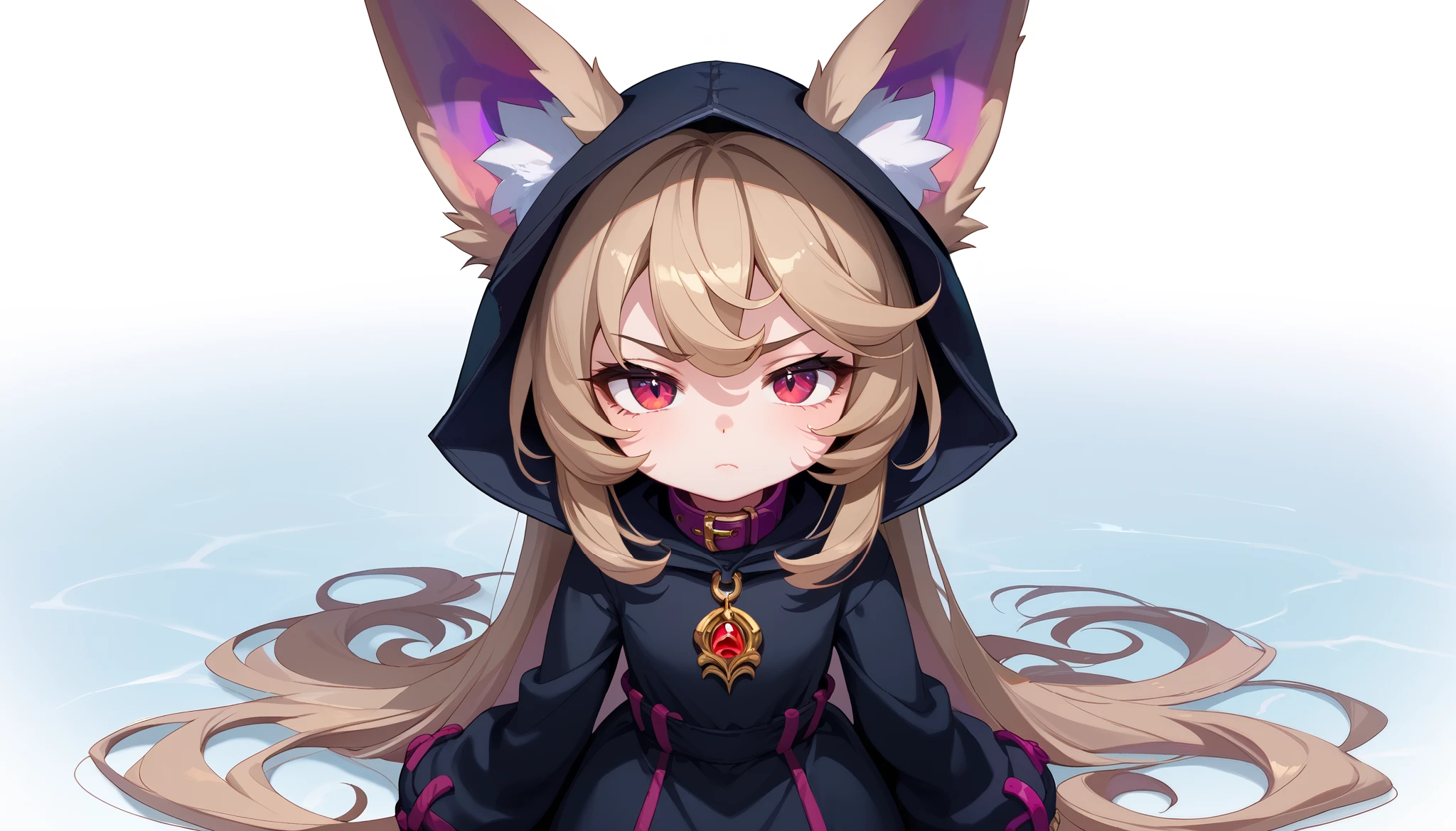 (masterpiece:1.3), (best quality:1.3), (very detailed), (anime style:0.1), game cg, anime coloring,((simple white background)),VexLoLXL,big eyes,yordle,shortstack,red eyes,((light brown hair,bangs,long hair)),shiny_skin,white_skin,white skin,black hood,hood up,ears through headwear,white animal ears,black shirt,purple collar,gold pendant top,long sleeves,black dress,long dress,bare hands,((solo)), 1girl,Sadness, dejection, standing, head lowered, shoulders slumped, hands resting, melancholic, downturned eyes, distant gaze, dim background, muted tones, despair, introspection, emotional heaviness, reflection,壁に手を当てる