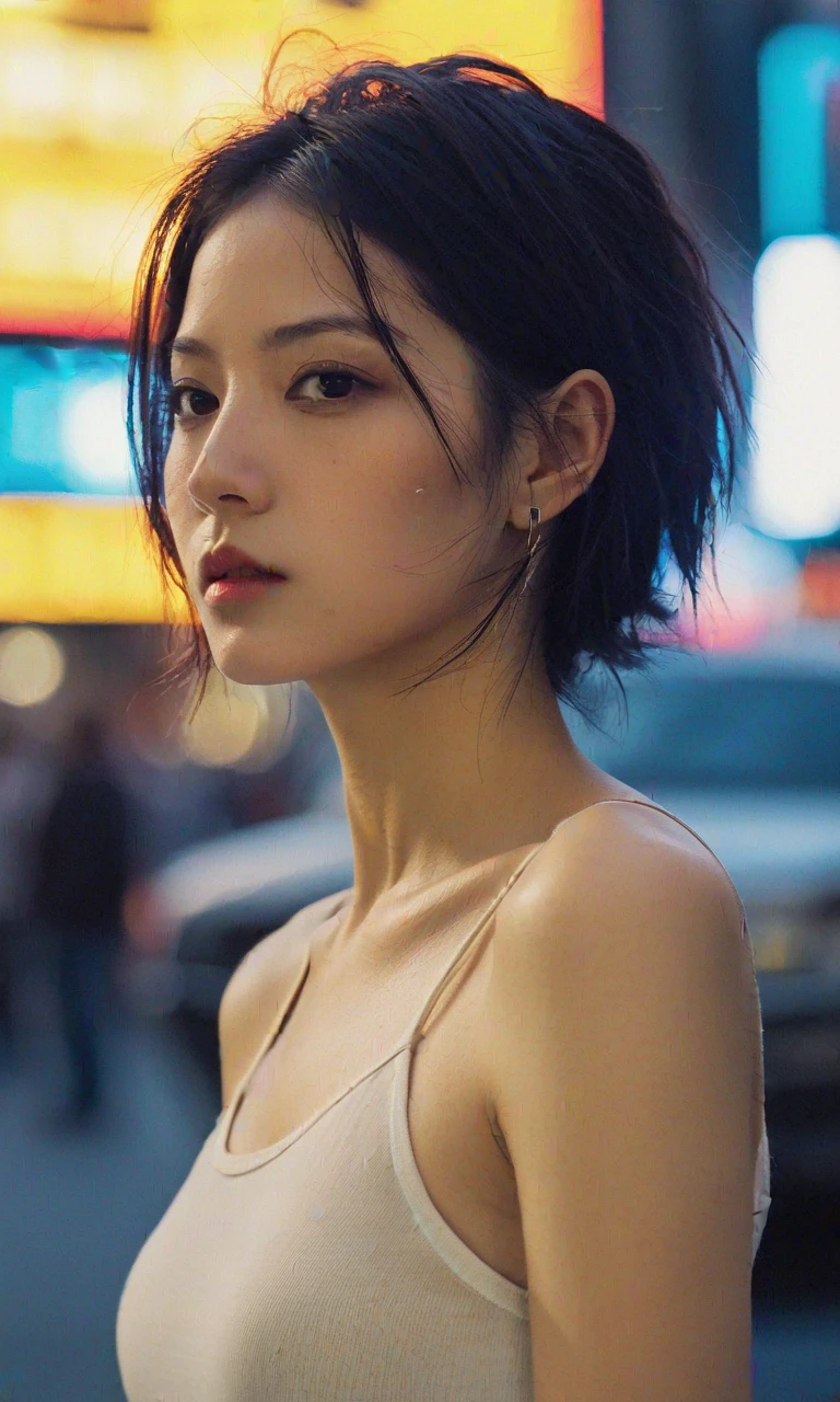 Realistic photos, 8k,(((A bustling neon street,Have a board,Begging,Handsome young Korean tomboy with a bob cut))),(((Big eyes,Glaring at the camera,Unpleasant,Bad mood))),Chest is male,18-year-old,(Ultra-realistic), (figure), (High resolution), (8k), (Very detailed), (Best figure), (Beautiful fine details), (highest quality), (Super detailed), (masterpiece), (wallpaper), (Detailed face), ((whole body,Flat Chest,Muscular)),alone,Black hair bob cut,(((A girl with makeup on her face,The body is a perfect man))), Black tank top,Training pants,Transgender,Korean,kpop,Holding a menu written on cardboard,Muscularな男性の胸
