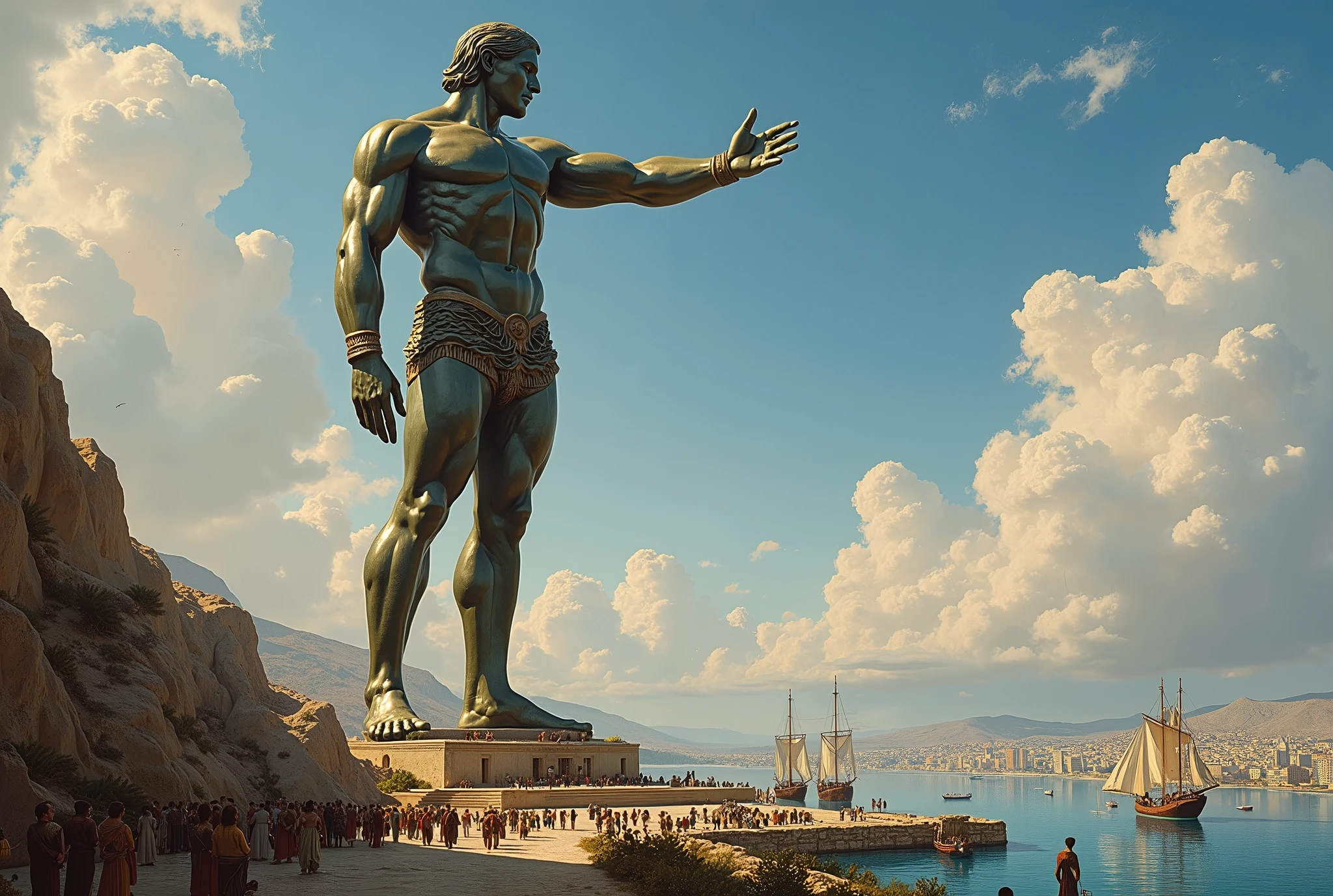 8k image, super realistic, One Giant Muscle Colossus of Rhodes All in bronze, looking at camera with legs spread on two rocks and the sea passing between your feet, holding one sword of Conan with his right hand, with gladiator armor on ful body, with head gladiator armor, perfect face, perfect hands, at the entrance to the port of Santos in the country Brazil, with naked womans on the beach, with perfect seagulls flying in the background, boats passing between the legs of the Colossus of Rhodes. Sunny day.