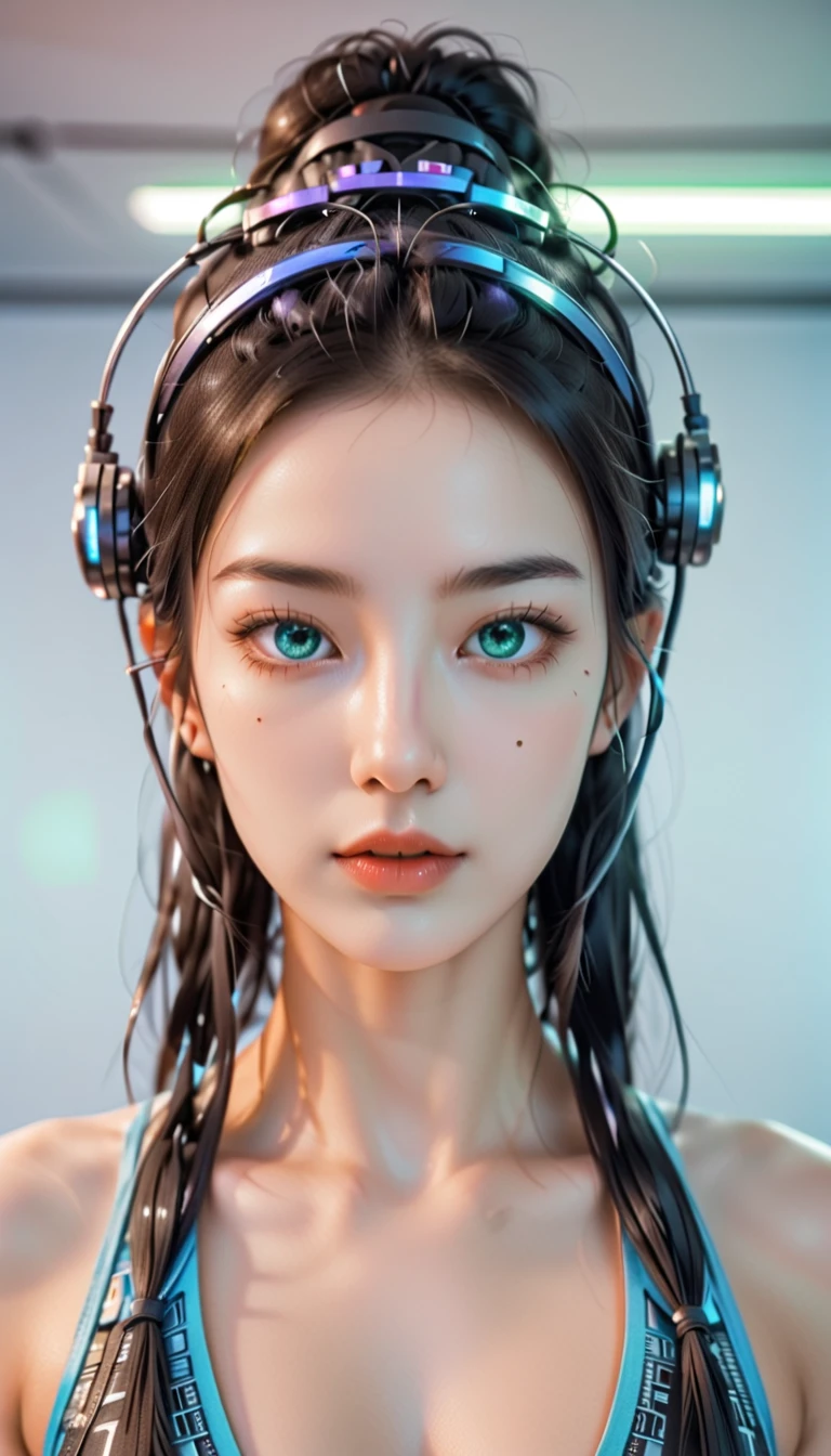 t expresses the beautiful appearance of artificial intelligence on various topics, and the background is matrix coding, Put on cybernetic goggles, A bit of pop art. It feels like a robot