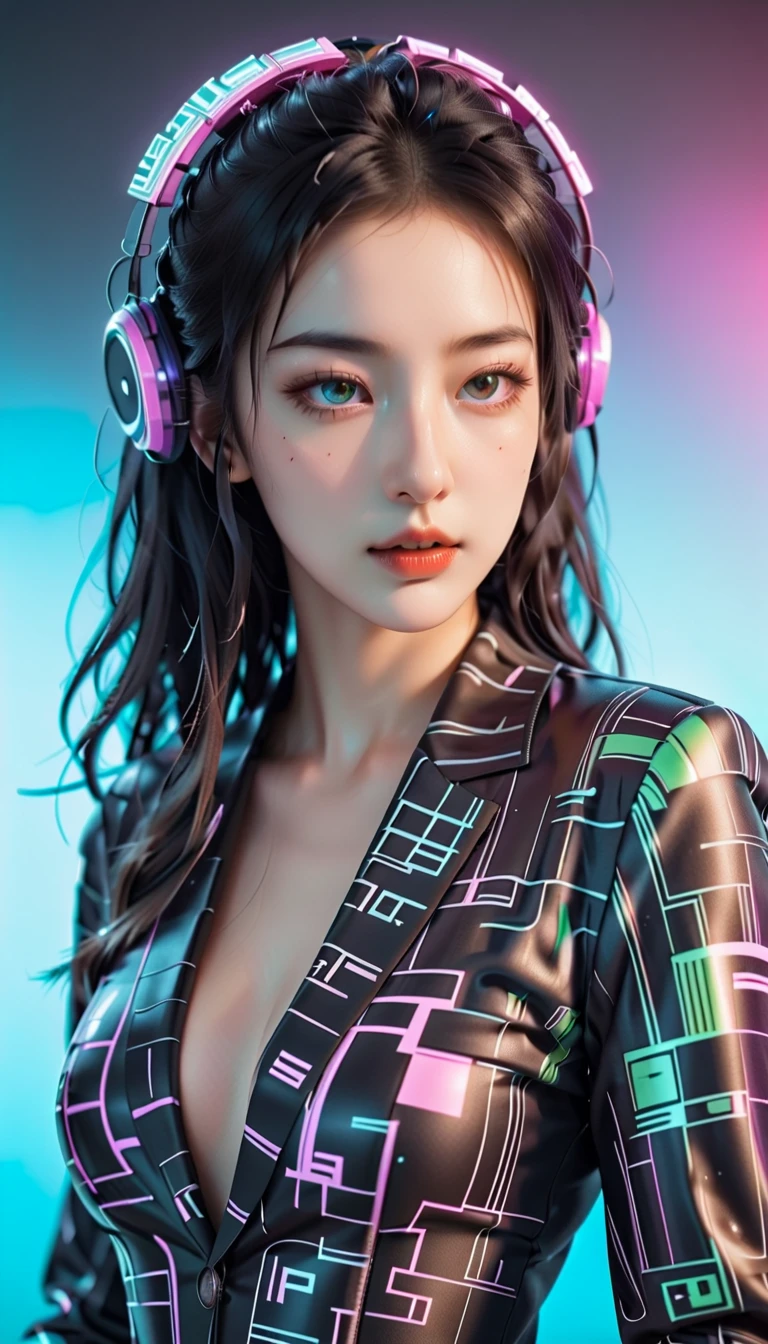 t expresses the beautiful appearance of artificial intelligence on various topics, and the background is matrix coding, Put on cybernetic goggles, A bit of pop art. It feels like a robot