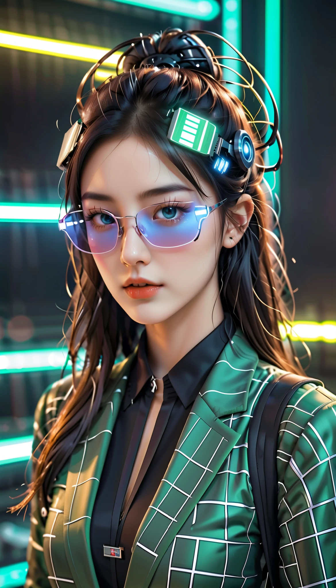 t expresses the beautiful appearance of artificial intelligence on various topics, and the background is matrix coding, Put on cybernetic goggles, A bit of pop art. It feels like a robot