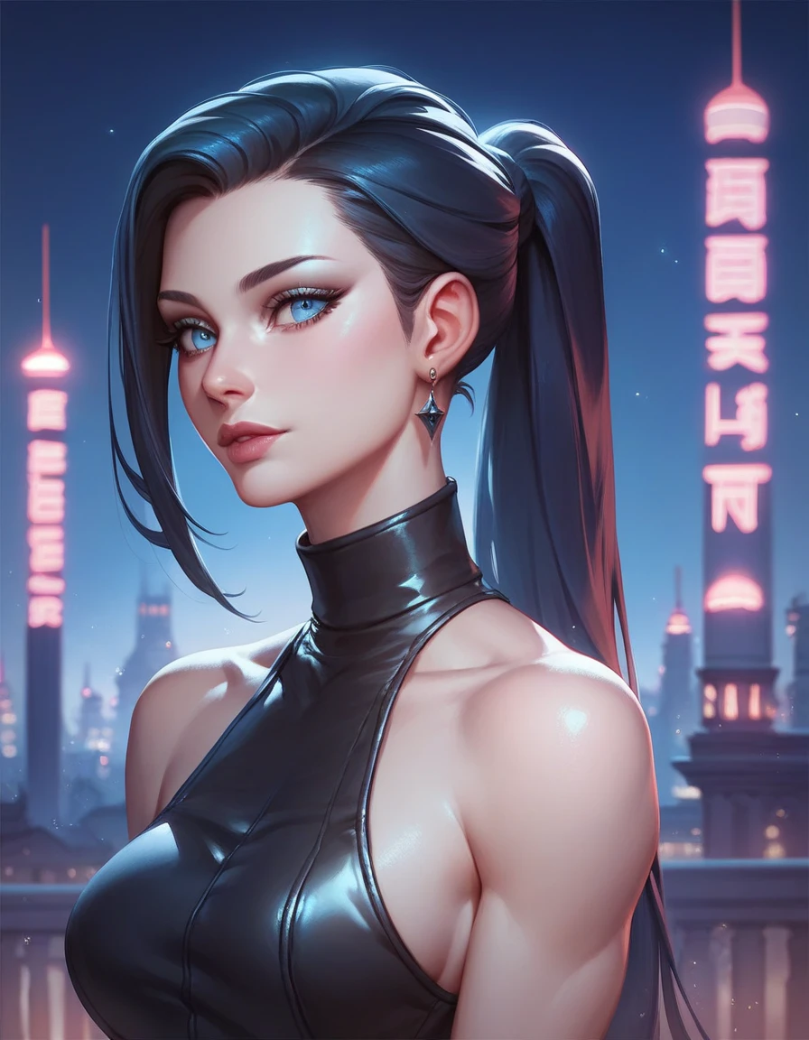 pony tail, black hair, blue eyes, large breasts, wide hips, thick thighs, no teeth, beautiful face, realistic, ray traced, beautiful eyes, red lipstick
