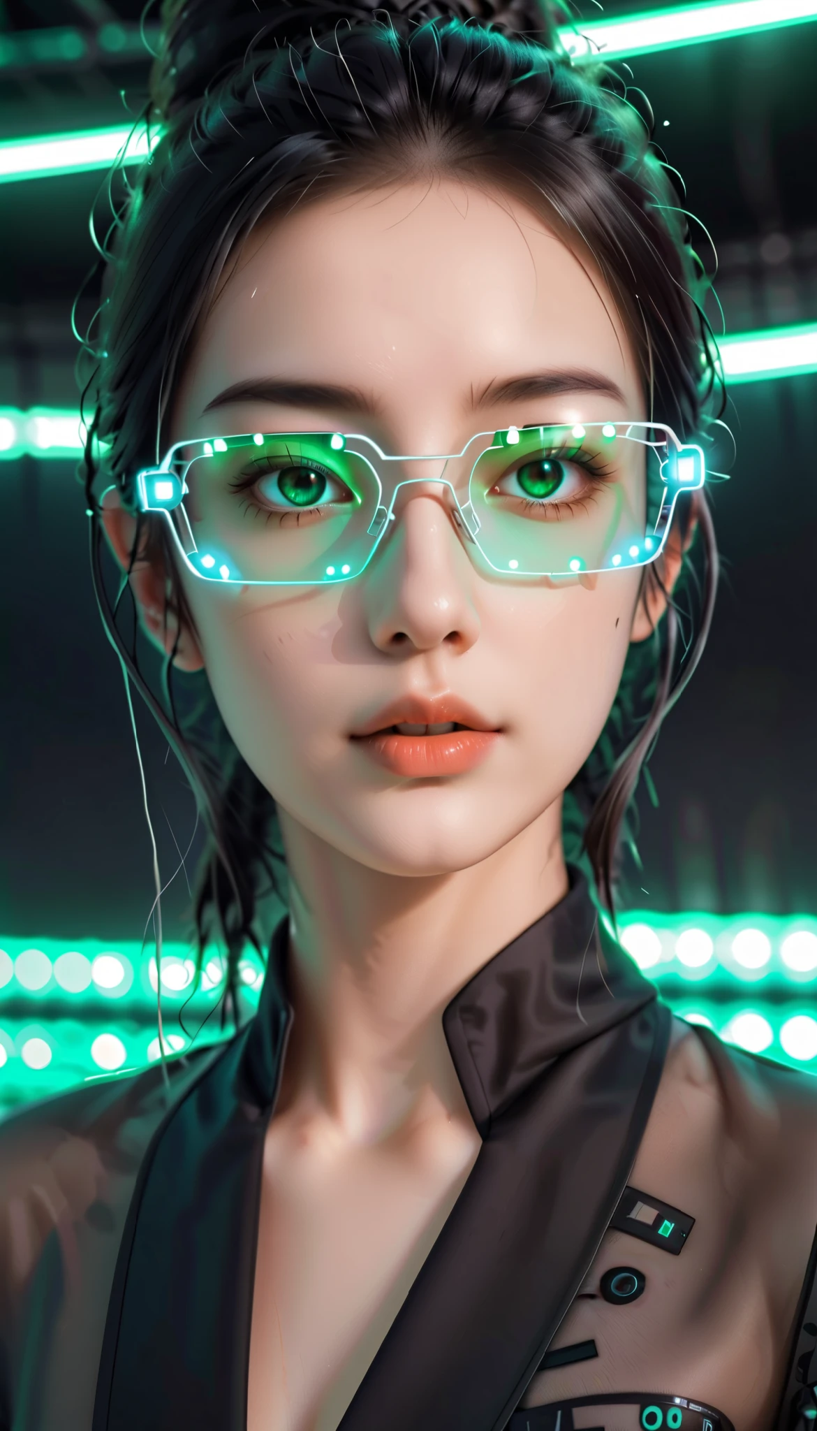 t expresses the beautiful appearance of artificial intelligence on various topics, and the background is matrix coding, Put on cybernetic goggles, A bit of pop art. It feels like a robot