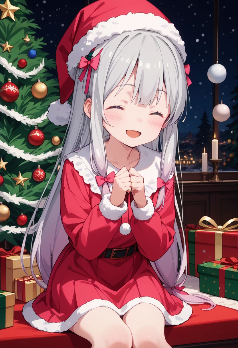 pov, best quality, high resolution, 8k, solo, blush:1.5, small breasts, (Sagiri Izumi, long hair, closed eyes, smile eyes, ribbon, hair ribbon, gray hair, pink ribbon, ribbon), smile, christmas dress, christmas hat, mini skirt, christmas background, christmas dinner,  christmas prsent, sitting, christmas night, christmas big tree, open mouth, hands on mouth