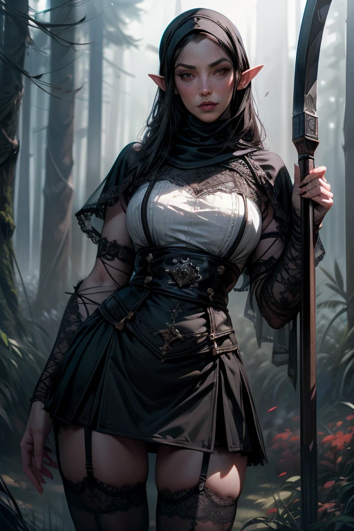 Mortal Kombat, create a full-body image of a character standing. Princess Zelda wearing the outfit of Scorpion from the Mortal Kombat game. Keep the original features of the outfit and add black with gold details. Exaggeratedly large breasts, she has long straight black hair and light blue eyes. She should be looking at the viewer, furious expression, closed mouth. She should be holding a katana that is attached to a black steel chain. She is in a macabre cemetery with heavy rain, her clothes and hair are soaked with water. Realism, Anime style, Mortal Kombat, UHD, 16k, masterpiece, high detail, best quality, anatomically correct.