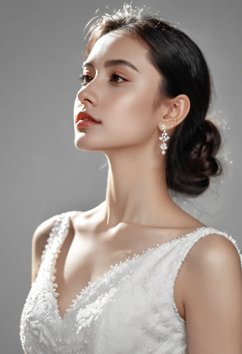 ((Best Quality, 8K, UHD )),  A young cute profile woman, photorealistic, side view, portrait, ultra realistic, high detailed, high detailed skin, high quality, white dress