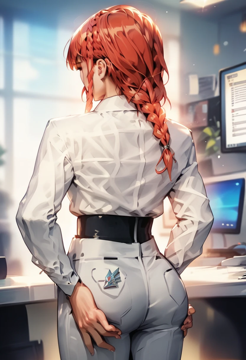 masterpiece, best quality, ultra-detailed, Potrait of beautiful MakimaCSM, solo, shirt, long_sleeves, white_shirt, collared_shirt, pants, from_behind, arms_behind_back, black_pants, formal, suit, arm_behind_back, shirt_tucked_in, facing_away, office_lady, business_suit, high-waist_pants, volumetric lighting, best quality, masterpiece, intricate details, tonemapping, sharp focus, hyper detailed, hands on booty, hands on ass, holding her booty, big booty