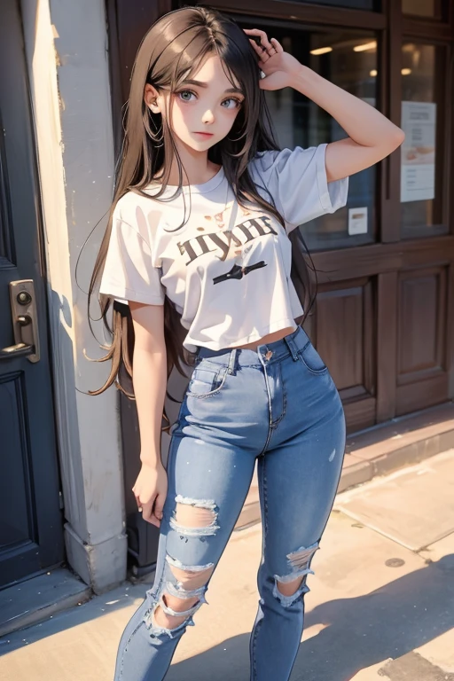   A pretty girl,  20 year old , Black t-shirt with long hair and casual style jeans  ((FIRST WORK)) (( style))