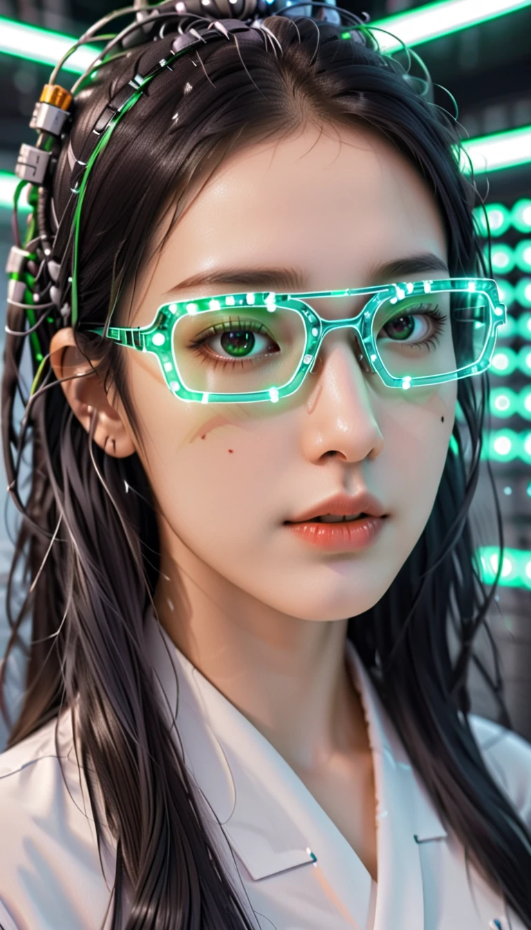 t expresses the beautiful appearance of artificial intelligence on various topics, and the background is matrix coding, Put on cybernetic goggles, A bit of pop art. It feels like a robot