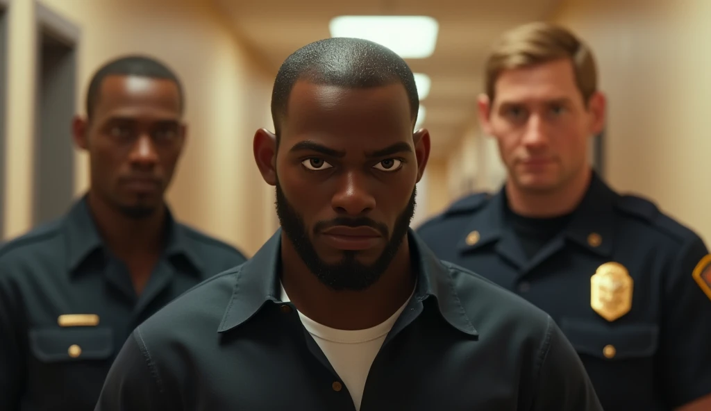 Black man in prison corridor surrounded by two police officers, black man has shaved hair, no beard, they are moving, his face is sad and head down, the image is from a distance, vivid and warm colors, soft and realistic texture, natural lighting, in Pixar 3D animation style