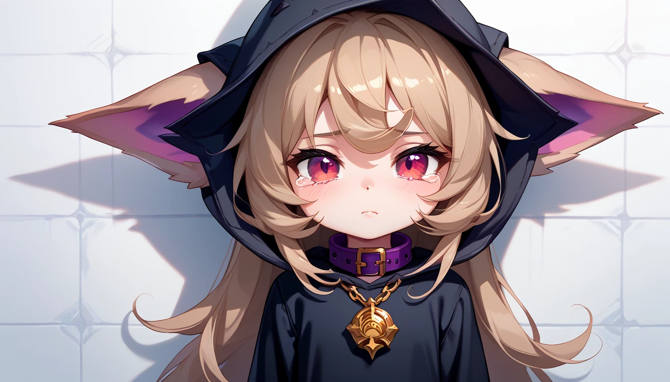 (masterpiece:1.3), (best quality:1.3), (very detailed), (anime style:0.1), game cg, anime coloring,((simple white background)),VexLoLXL,big eyes,yordle,shortstack,red eyes,((light brown hair,bangs,long hair)),shiny_skin,white_skin,white skin,black hood,hood up,ears through headwear,white animal ears,black shirt,purple collar,gold pendant top,long sleeves,black dress,long dress,bare hands,((solo)), 1girl, ((holding a report sheet in both hands:1.4)), sad and disappointed expression, slightly downcast eyes, furrowed brows, slightly slouched posture, somber mood, subtle tear forming in one eye
