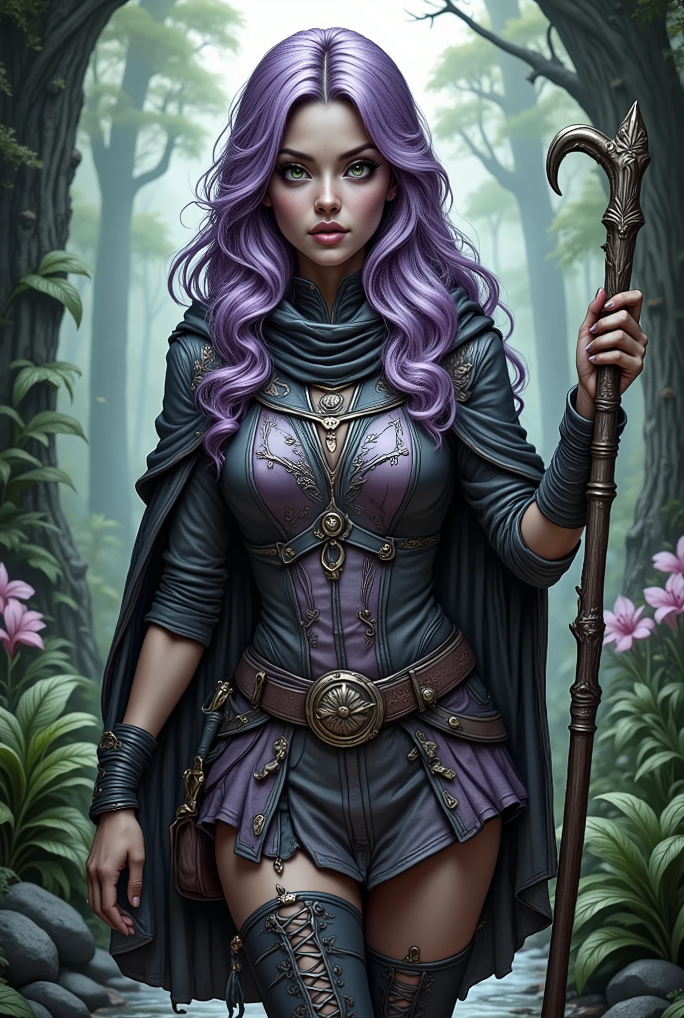 fantasy art, dnd art, RPG art, wide shot, (masterpiece: 1.4) a (portrait: 1.3) intense details, highly detailed, photorealistic, best quality, highres, portrait a female traveler (fantasy art, Masterpiece, best quality: 1.3), intense details facial details, exquisite beauty, (fantasy art, Masterpiece, best quality) cleric, female, ((lavender hair: 1.5)), long hair,  (green eyes: 1.3), leaning on  a walking stick wearing (traveler vestments: 1.5), wearing high heeled laced boots, wearing an (cloak:1.3), flowing cloak, fantasy forest background, reflection light, high details, best quality, 16k, [ultra detailed], masterpiece, best quality, (extremely detailed), close up, ultra wide shot, photorealistic, RAW, fantasy art, dnd art, fantasy art, realistic art,((best quality)), ((masterpiece)), (detailed), perfect face, Cinematic Hollywood Film style, hyp3rd3tail style
