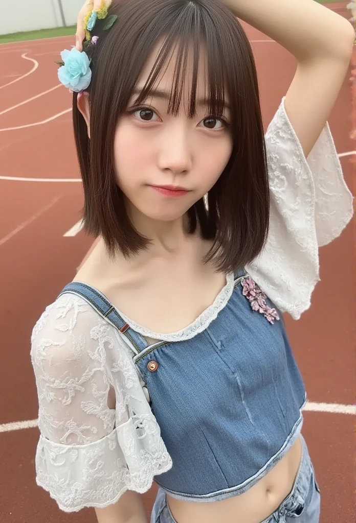 one japanese  girl, (a beauty  girl, delicate  girl:1.3), (************,  gal:1.3), ( denim shorts :1.2), Extremely Delicate Eye Description , (Symmetrical black eyes:1.3),  Staring at the Camera ,  big smile , Showing teeth, ( Track Field View:1.2),  small breasts,  brown short hair,  girl, ( Detailed Eyes and Faces :1.5), (  Masterpiece  ,  top quality,  super detailed,  detailed face , 8k),  Seductive Pose 