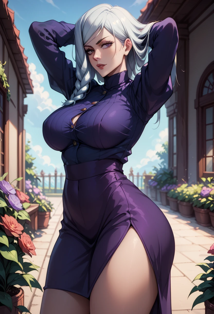 Mei Mei from the anime jujutsu kaisen, big breasts, big butt, standing in a garden, hands behind her head, long white hair, plaited hair covering the left part of her face, front view, long dark purple skirt slit on both sides showing her thighs 