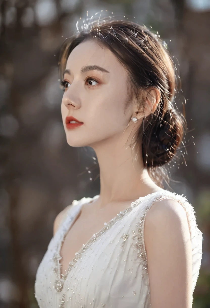 ((Best Quality, 8K )), A young cute profile woman, photorealistic, side view, portrait, ultra realistic, high detailed, high detailed skin, high quality, white dress, high detailed skin, high quality, delicate eyes, double eyelids,