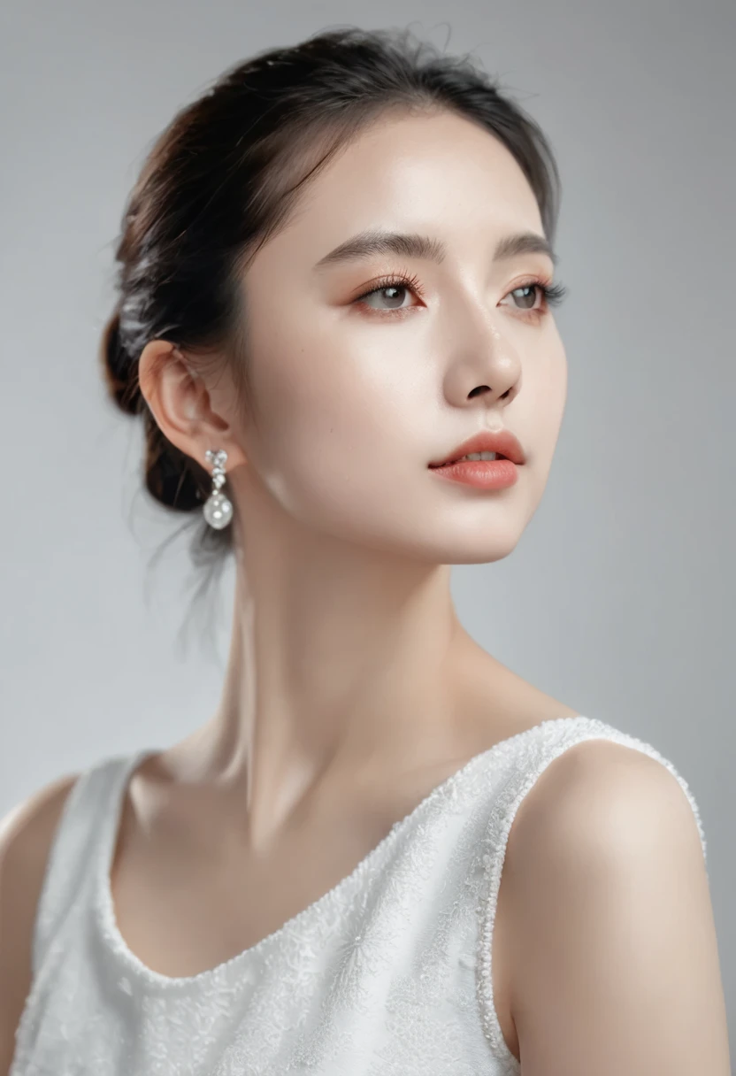 ((Best Quality, 8K )), A young cute profile woman, photorealistic, side view, portrait, ultra realistic, high detailed, high detailed skin, high quality, white dress, high detailed skin, high quality, delicate eyes, double eyelids,