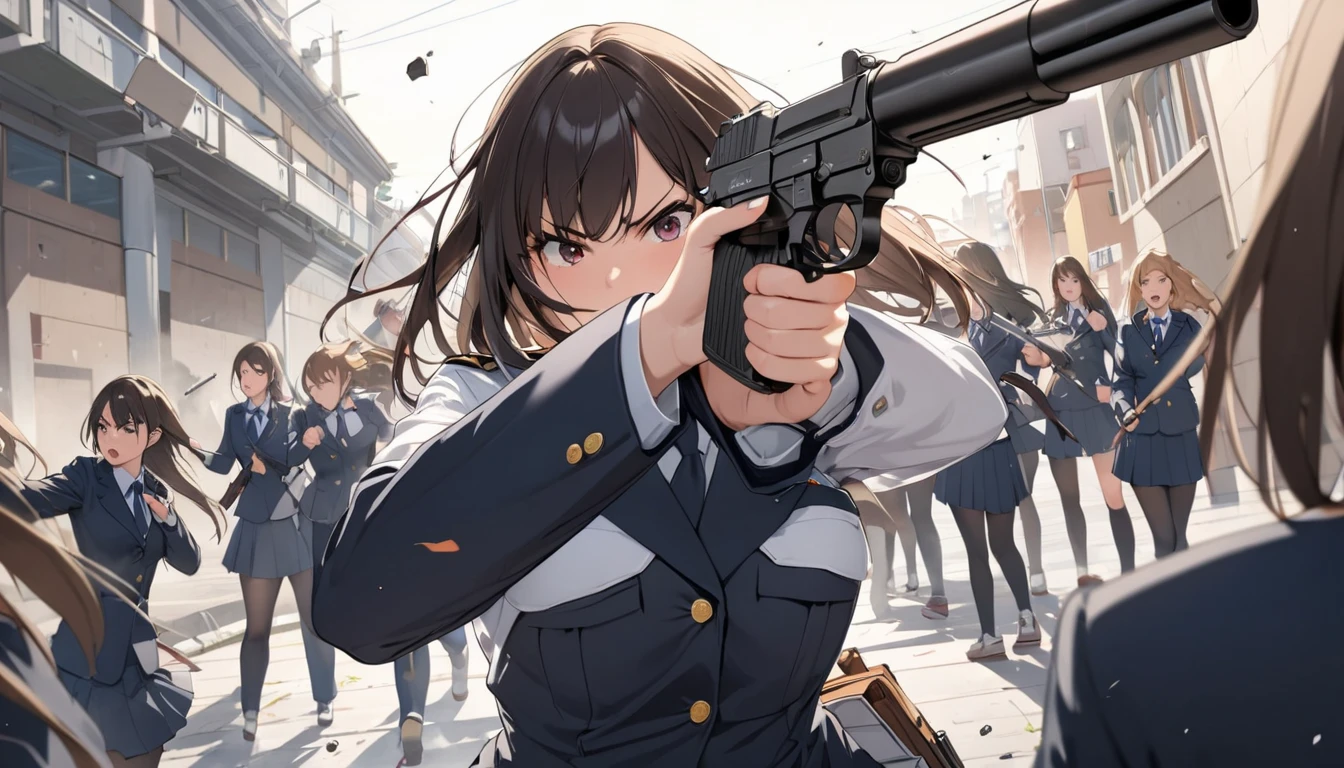 top quality,high school girl with a gun,fight,uniform,Black