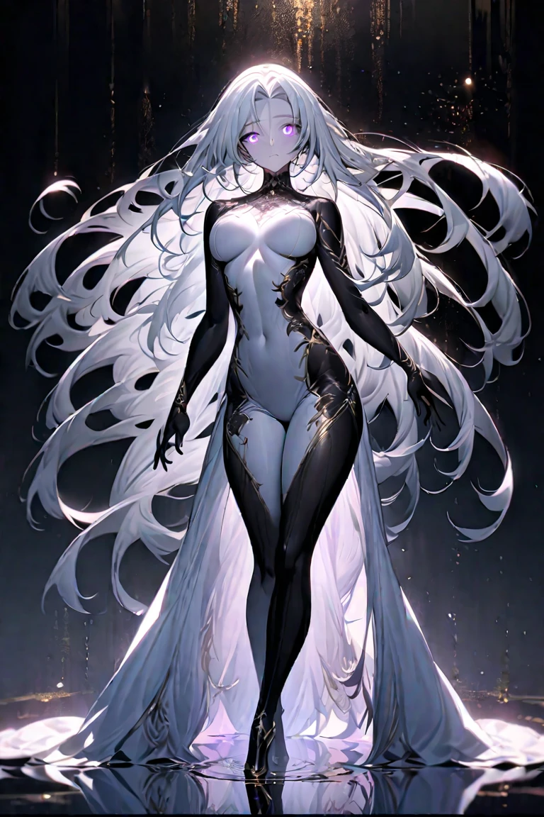 Masterpiece, very detailed, ultra detailed, one, (1 female succubus), She is in a Gothic black leather dress, in the style of a milf, mature mother, with blue skin color, long white hair and straight bangs, thin icy demonic horns, thin icy long and sharp tail, beautiful, charming, eyes - icy blue (blue) irises and black sclera, elegant, big breasts, serious face, neutral face, charming, on the background and around her huge snow ice and cold