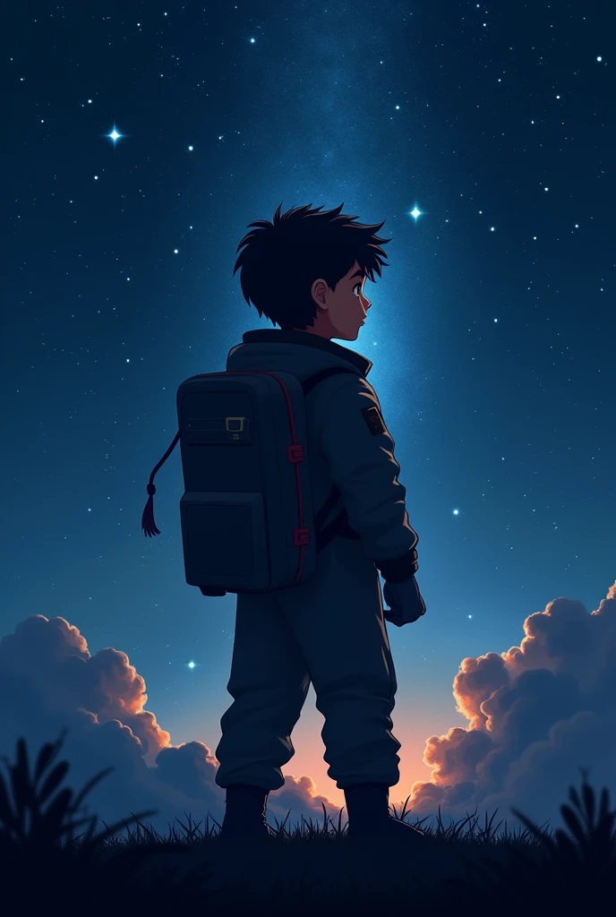 The boy turned his back to the viewer,looking at the stars --auto