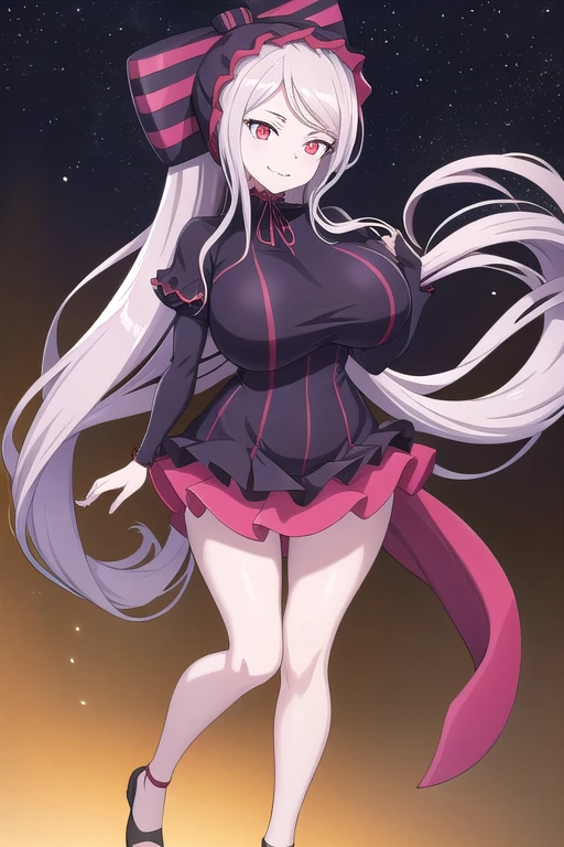 masterpiece, best quality, ShalltearV4, 1girl, solo, dress, frills, bow, hair bow, fang, slight smile, pale skin, glowing, glowing eyes, full body, (Huge breasts:1.4)