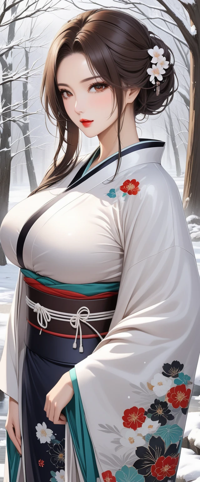                  Brown Eyes                , black 髪, length髪,                        mature mature      ， length,                shiny wet hair       ，                brown hair，             Glowing Lips        ，beautiful，Big Breasts，beautifulデコルテ， beautiful脚 ，   kimono， comments， Winter Scenery，，