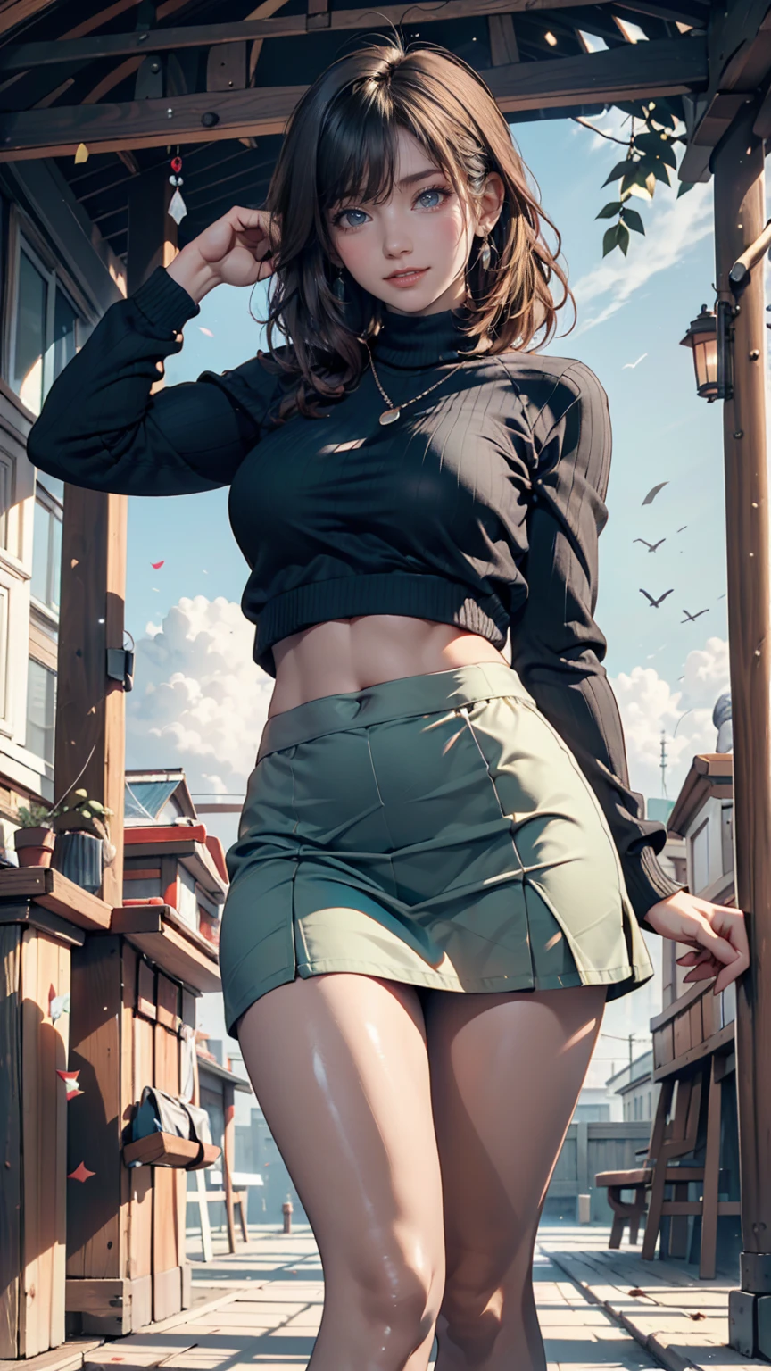 "A towering giantess dressed in a cool, laid-back hippie style,Rocking crop top and tights,Her toned and athletic figure hints at her great strength。She seems to wander carelessly through the bustling cityscape of GTS City,Towering buildings loom overhead。Smoke and clouds raged around her,Add an epic sense of scale and drama。The lights are dark,Gloomy,Photorealsitic,Creates a tense and ominous atmosphere。The viewing angle is from below,The sheer sensuality and power of the giantess is emphasized。