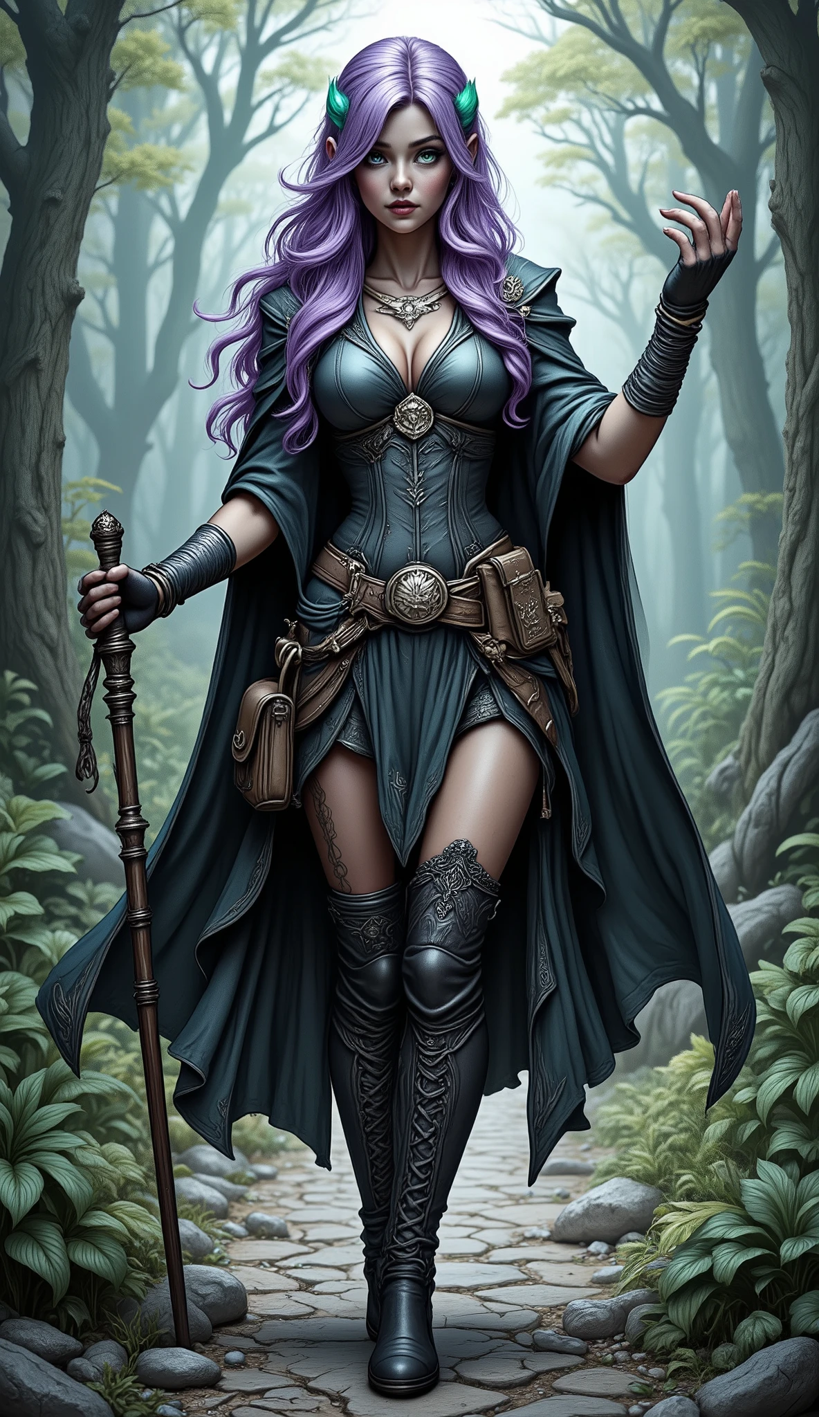 fantasy art, dnd art, RPG art, wide shot, (masterpiece: 1.4) a (portrait: 1.3) intense details, highly detailed, photorealistic, best quality, highres, portrait a female traveler (fantasy art, Masterpiece, best quality: 1.3), intense details facial details, exquisite beauty, (fantasy art, Masterpiece, best quality) cleric, female, ((lavender hair: 1.5)), long hair,  (green eyes: 1.3), leaning on  a walking stick wearing (traveler vestments: 1.5), wearing high heeled laced boots, wearing an (cloak:1.3), flowing cloak, fantasy forest background, reflection light, high details, best quality, 16k, [ultra detailed], masterpiece, best quality, (extremely detailed), close up, ultra wide shot, photorealistic, RAW, fantasy art, dnd art, fantasy art, realistic art,((best quality)), ((masterpiece)), (detailed), perfect face, Cinematic Hollywood Film style, hyp3rd3tail style