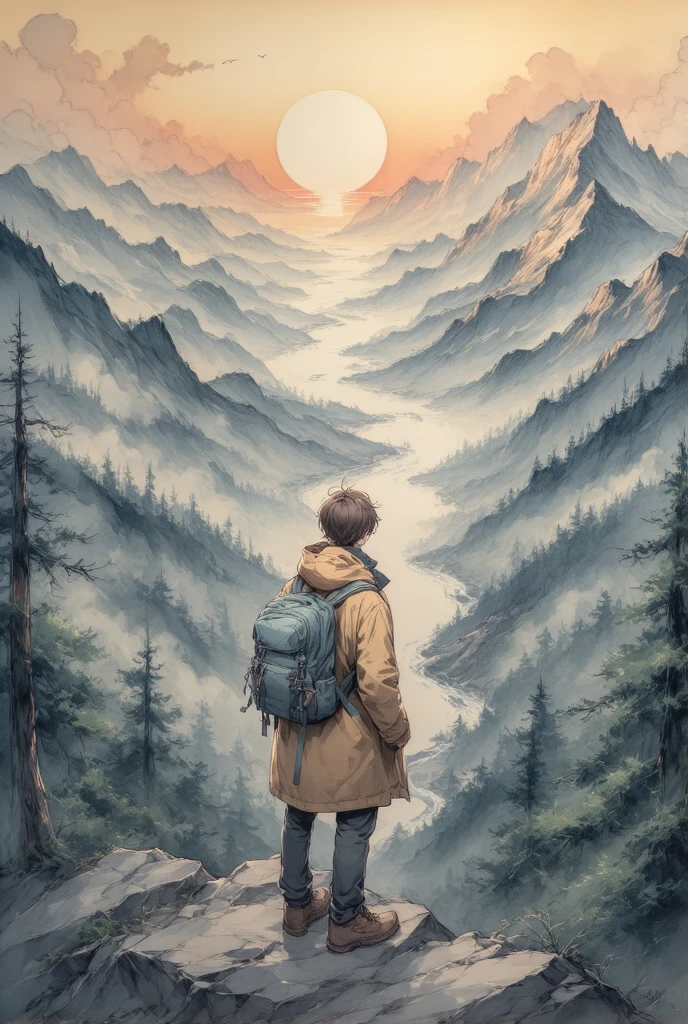  A lone traveler standing at the top of a mountain ,  gazing at the vast and beautiful scenery .
 Traveller wearing a worn travel coat ,  carrying a backpack full of necessities .
 The scenery in the background shows the mountains in the distance,  dense forests and winding rivers ,  symbolizes the many adventures and challenges encountered .
 The sky is dyed in rose and orange tones , Indicate a peaceful sunset .
 atmosphere is both melancholy and inspiring ,  reflects the loneliness of the trip and the .